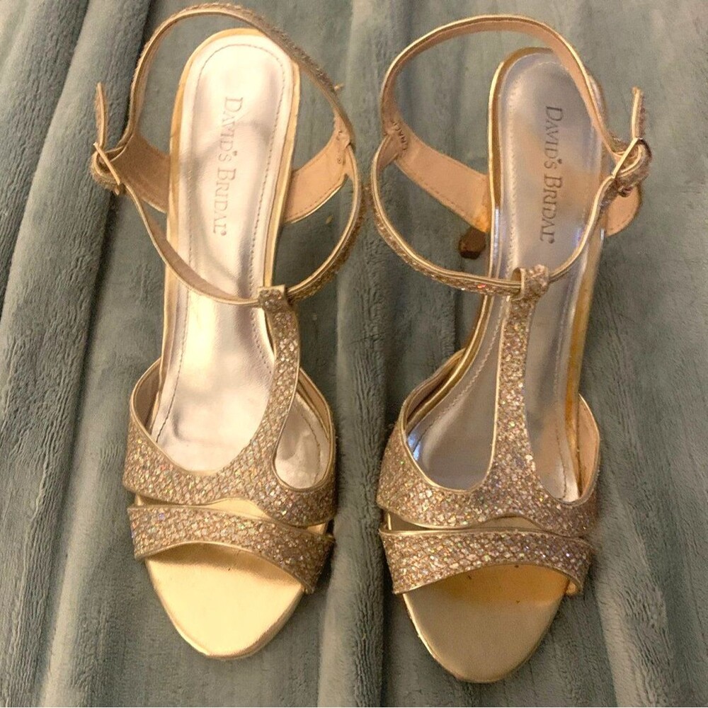 David’s Bridal Gold Glitter T‑Strap Heels – Size 10 Formal Sandals